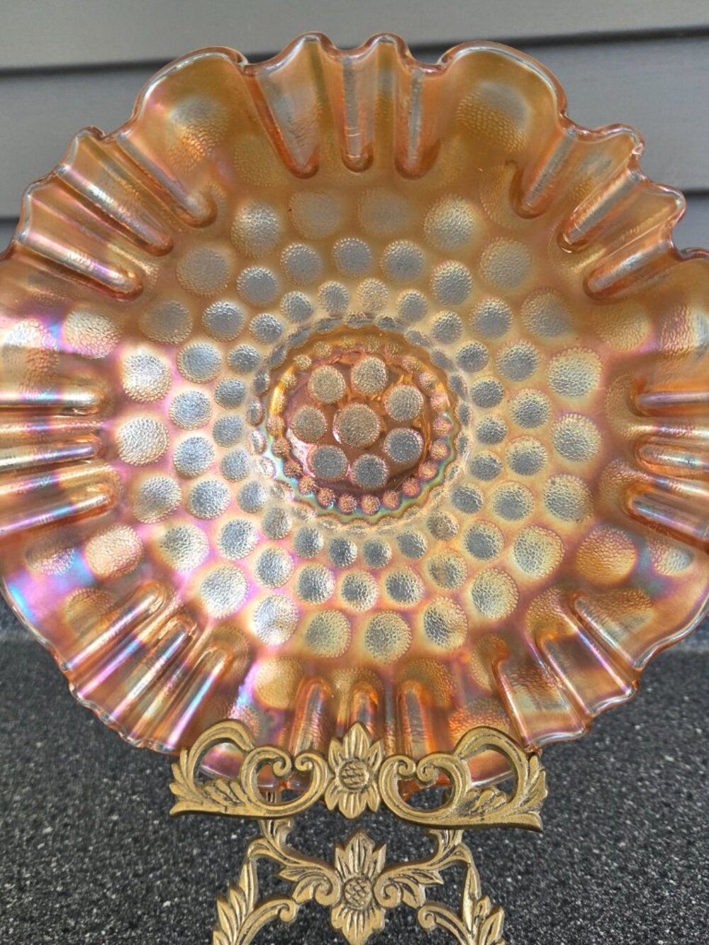 Fenton Marigold Coin Dot 9" Carnival Iridescent Glass 3-in-1 Crimped Edge Bowl